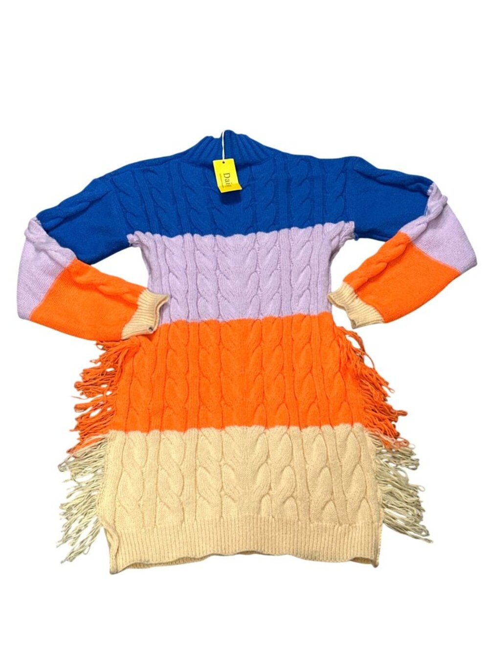 Daisy Size M Blue Pink Orange Fringe Cable Knit Turtleneck Sweater Dress Slouchy - Picture 11 of 12